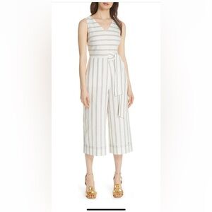 Ted Baker SMALL Zelma cropped striped vneck linen blend jumpsuit wide leg